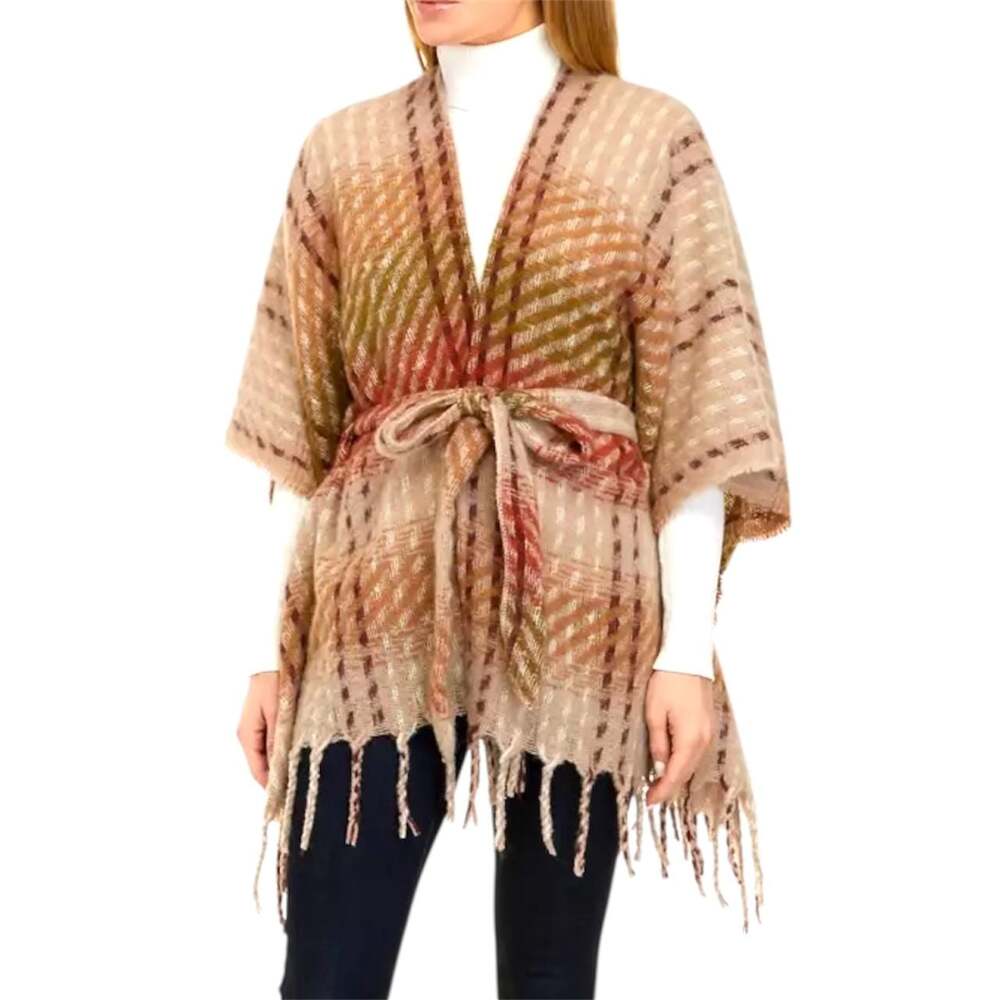 Vince Camuto Twill Stripe Belted Topper Ruana One Size Brown